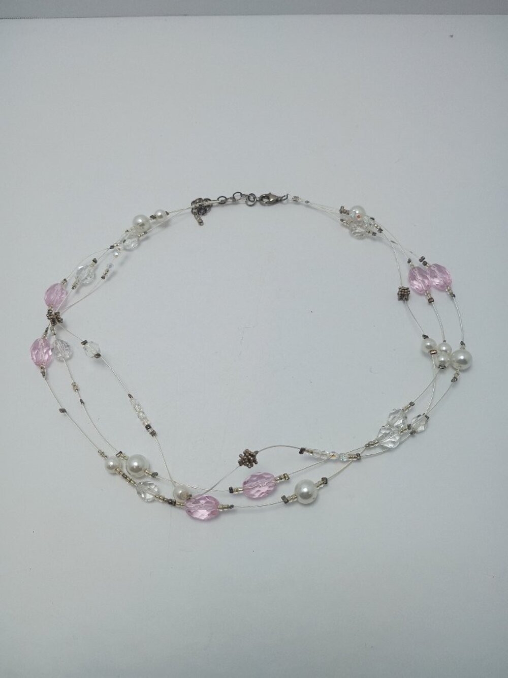 Estate 3 Strand Faux Pearl & Faceted Crystal Bead Sterling .925 Choker Necklace
